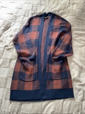 American Eagle Outfitters Navy and Rust Plaid Open-Front Cardigan